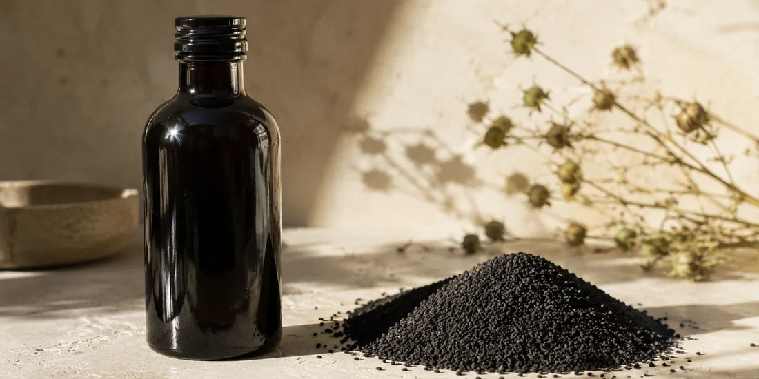 Dark glass black seed oil bottle beside a heap of matte black seeds on a pale stone surface in warm directional light