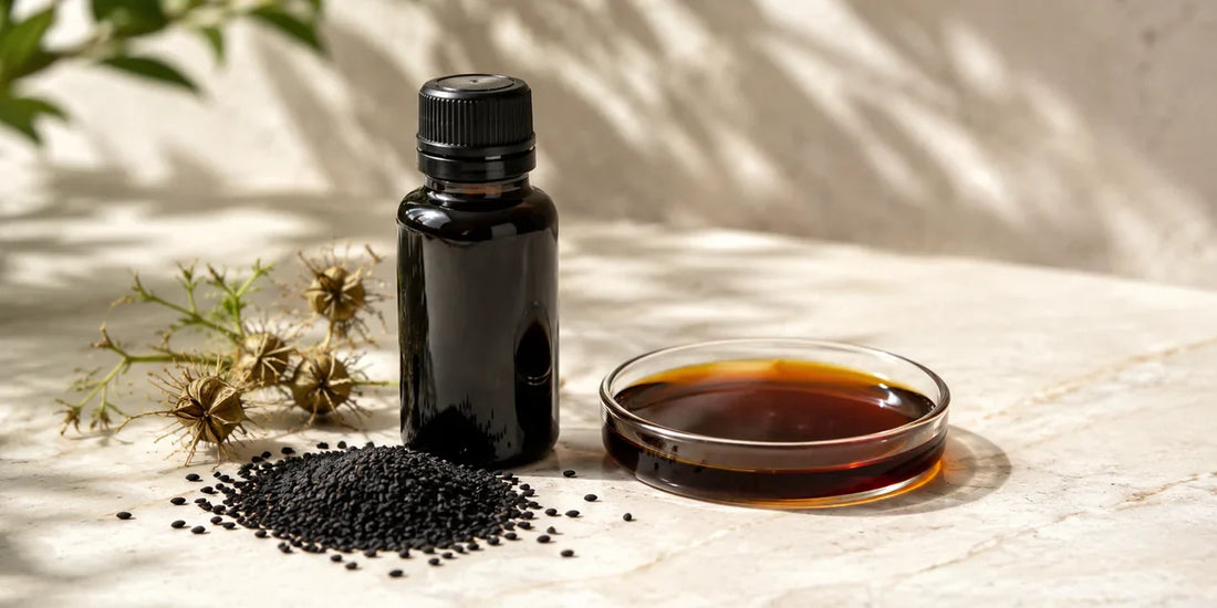 Dark glass black seed oil bottle beside scattered black seeds and a dish of deep amber oil on pale stone