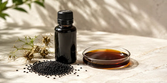 Dark glass black seed oil bottle beside scattered black seeds and a dish of deep amber oil on pale stone
