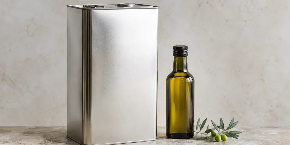 A large plain metal tin of cooking oil beside a small dark glass bottle of golden-green olive oil on stone