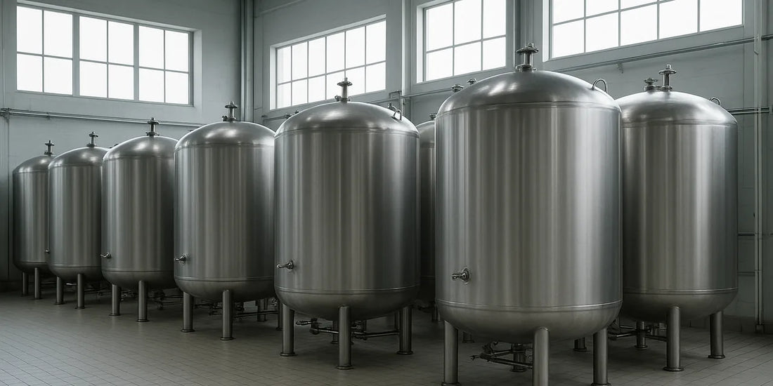 Rows of large stainless steel storage tanks with domed tops in a spacious food-grade production hall