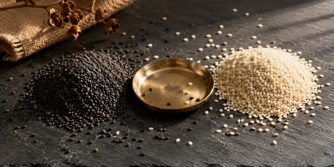Two heaps of black and ivory sesame seeds on dark slate beside a small brass dish