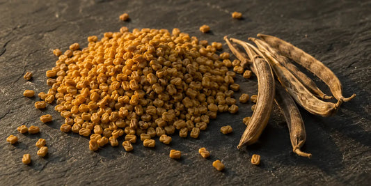 Heap of hard angular golden-brown fenugreek seeds on dark slate with two slender dried curved pods