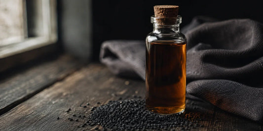 A clear glass vial of deep bronze black seed oil on dark aged wood with scattered black cumin seeds
