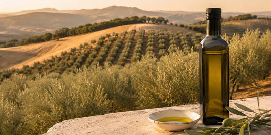 Rolling California olive groves on golden hills with a dark glass bottle of green-gold oil on a stone ledge