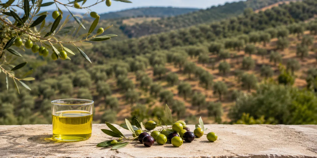 Rows of olive trees on sunlit hills beside a small glass of vivid golden-green olive oil and fresh olives on a pale stone ledge
