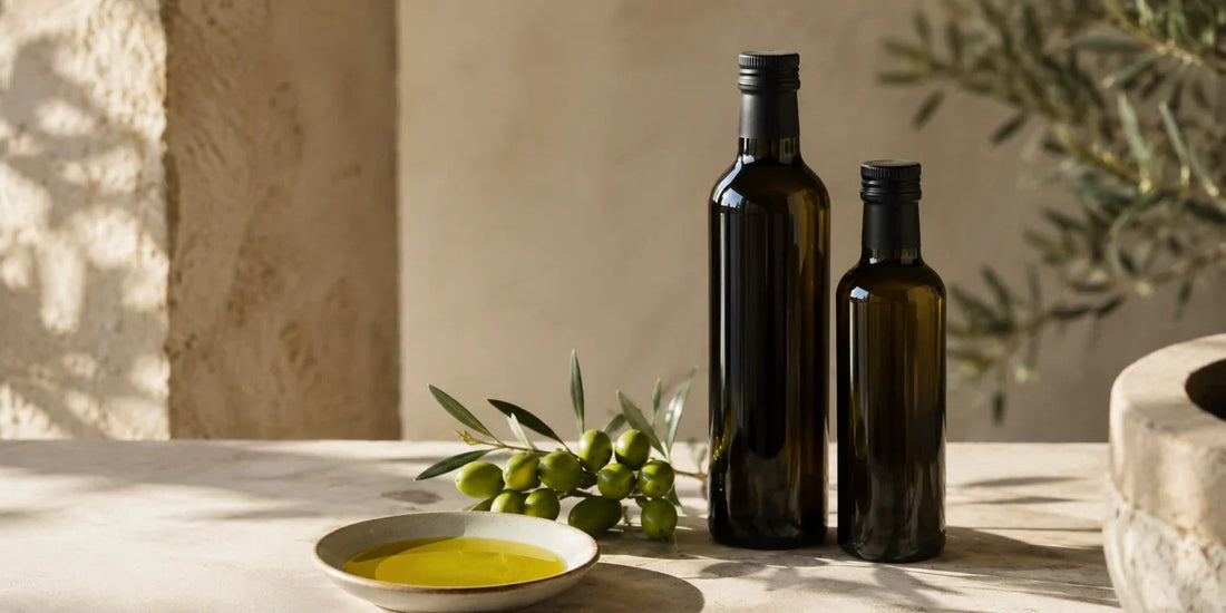 Two dark glass olive oil bottles beside fresh green olives and a dish of rich golden-green oil on pale stone in warm light