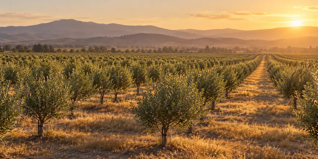 Rows of young olive trees across a sunlit California valley floor at golden hour with distant hazy hills