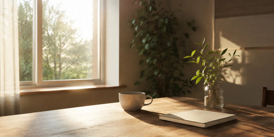 Soft early morning light falling through a window onto a simple wooden table in a calm quiet room