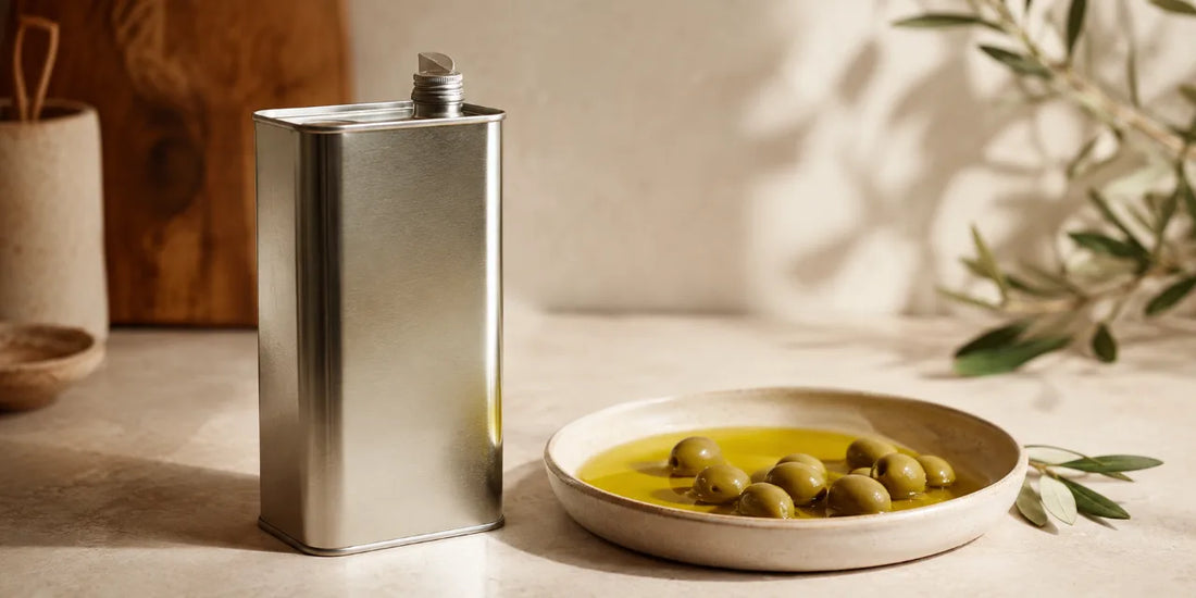 Plain unmarked metal olive oil tin with a pour spout beside a dish of golden-green oil on stone