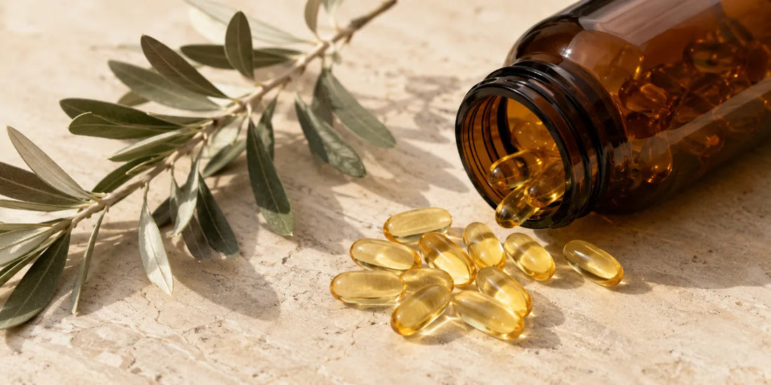 Translucent amber softgel capsules spilling from a plain glass bottle onto pale stone beside olive leaves