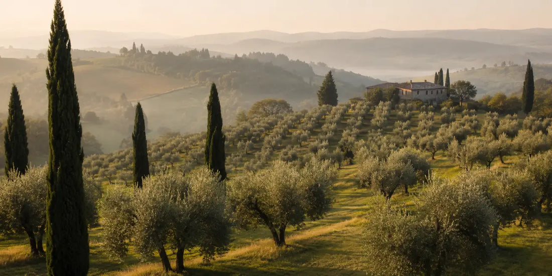 Wide Tuscan hillside olive grove in warm morning haze with cypresses and a distant stone farmhouse