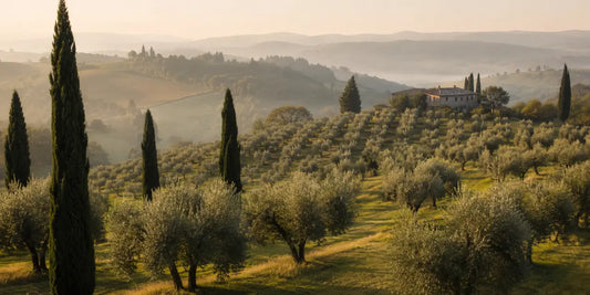 Wide Tuscan hillside olive grove in warm morning haze with cypresses and a distant stone farmhouse
