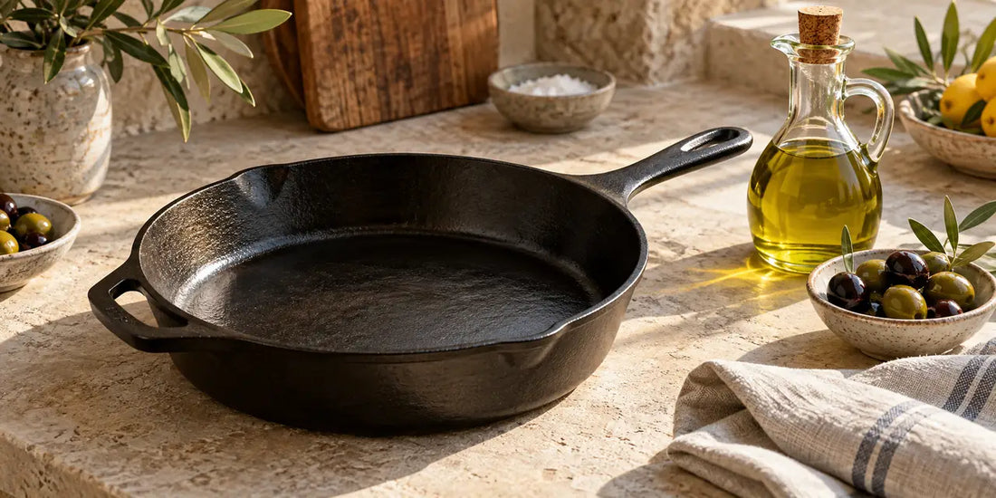 Seasoned black cast iron skillet on pale limestone beside a cruet of golden-green olive oil and olives
