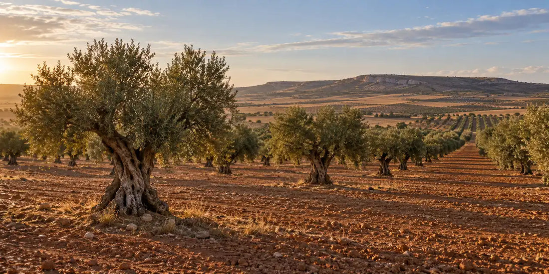 Mature olive trees in widely spaced rows on red-brown soil across a dry Spanish plateau at golden hour