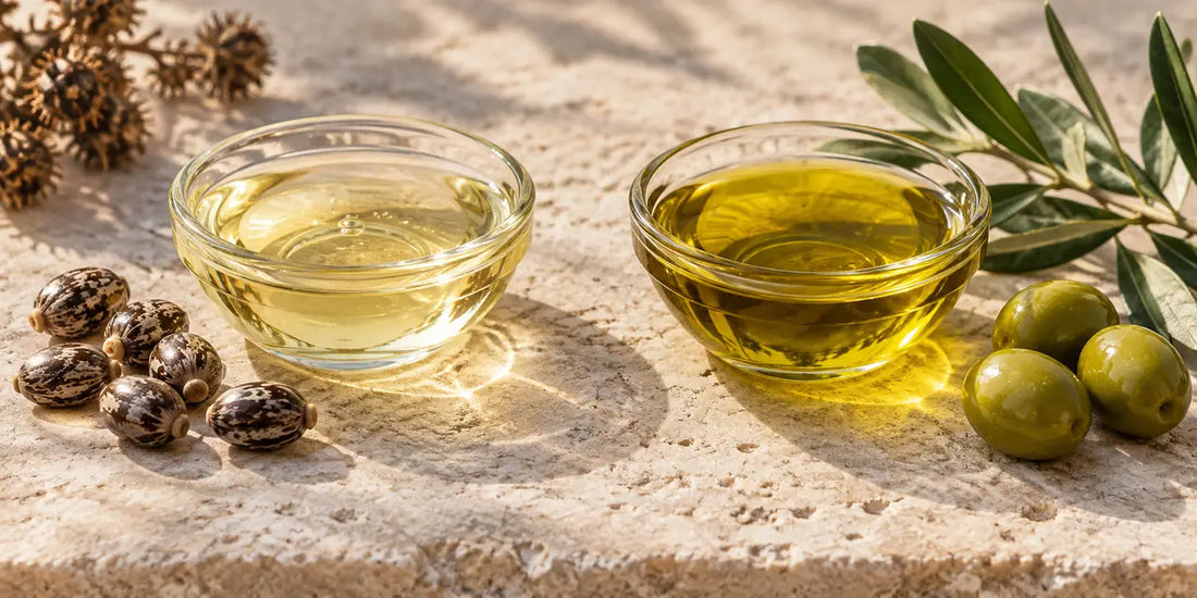 Glass dishes of pale thick castor oil and rich golden-green olive oil beside castor seeds and green olives on limestone