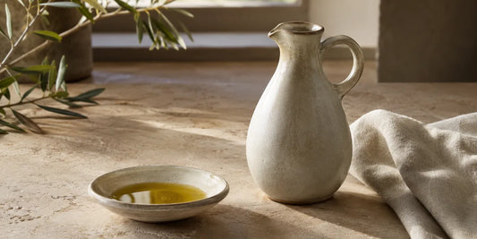 Plain glazed stoneware olive oil cruet with a narrow spout on a pale worktop beside a dish of oil