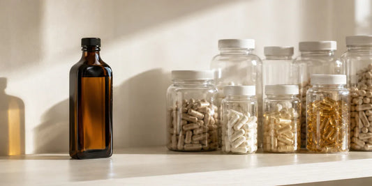 A dark glass black seed oil bottle standing apart from a row of plain clear plastic supplement bottles on a pale shelf