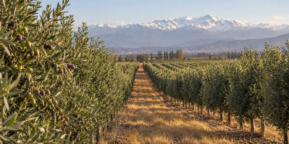 Hedgerow rows of olive trees with small violet olives, dry golden grass and snow-capped Andes beyond