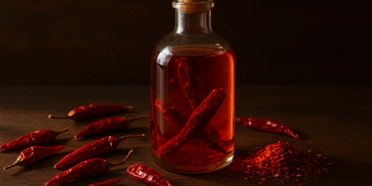 Glass bottle of amber-red infused oil steeping whole dried chillies beside scattered chillies and flakes on wood