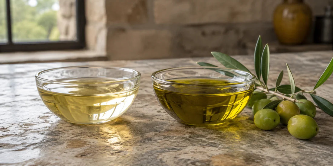 Two bowls of olive oil side by side — pale refined oil and rich golden-green extra virgin oil