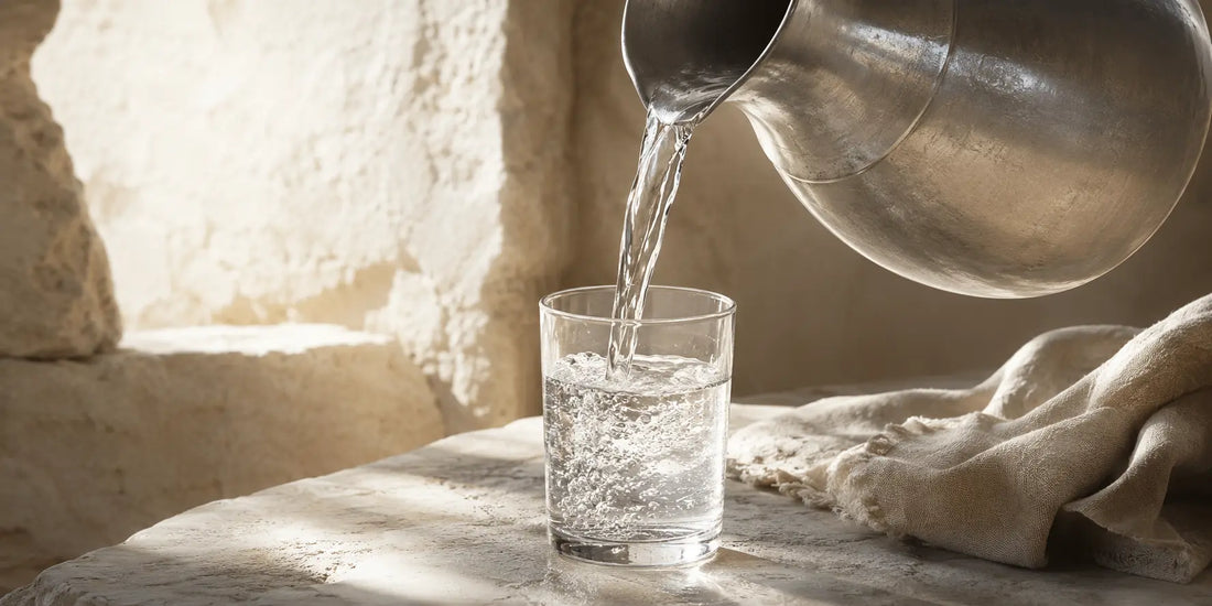 Clear pure water being poured into a simple glass on a pale stone surface in soft warm directional light