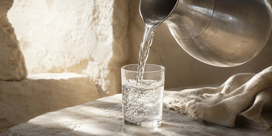 Clear pure water being poured into a simple glass on a pale stone surface in soft warm directional light