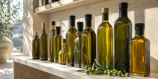 Several unbranded dark olive oil bottles on a bright shelf beside fresh green olives and leaves on pale stone in warm light