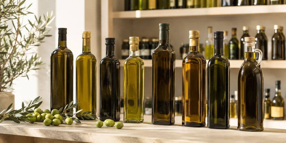 Several unbranded olive oil bottles on a bright shop shelf beside fresh olives and leaves on pale stone in warm light