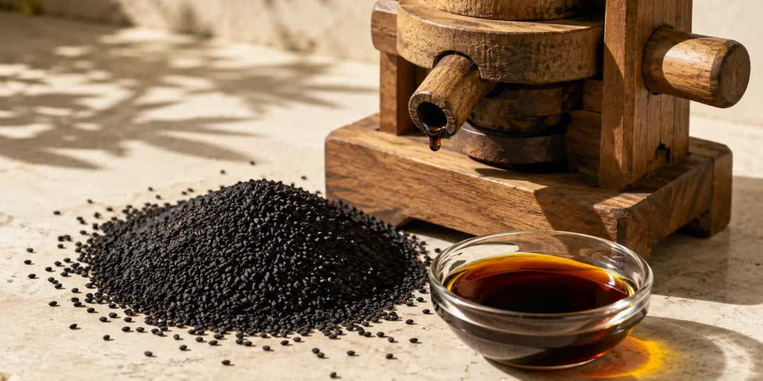 Matte black cumin seeds beside a wooden oil-press component and a dish of deep amber oil on pale stone in warm light