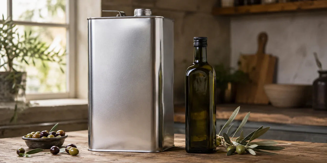 A large plain cooking oil tin and a small dark glass bottle of olive oil side by side on a wooden kitchen counter