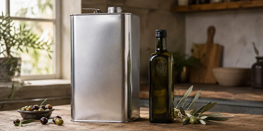 A large plain cooking oil tin and a small dark glass bottle of olive oil side by side on a wooden kitchen counter