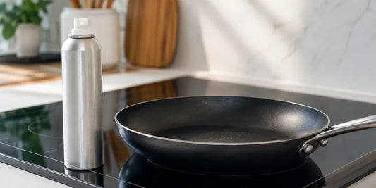 A plain aluminium cooking spray can beside a nonstick frying pan on a modern kitchen hob
