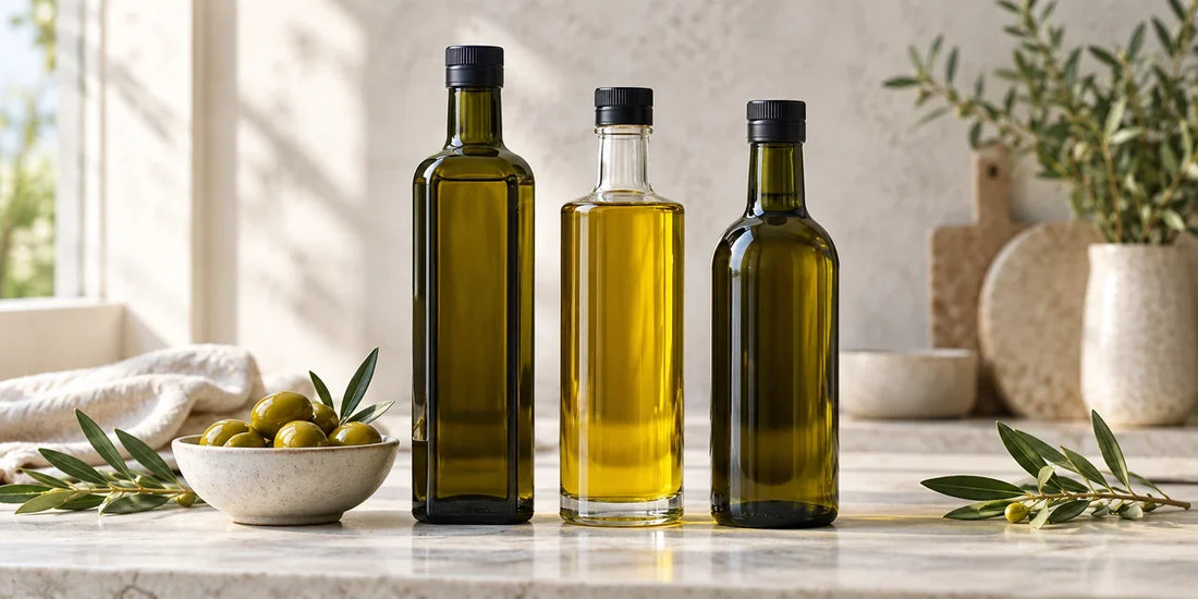 Three unlabelled olive oil bottles stand beside a bowl of green olives on a pale kitchen counter.