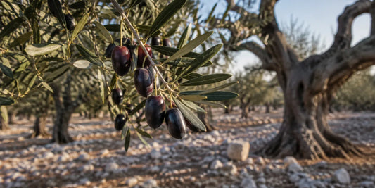 Dark ripening olives hanging on a silver-green branch in an old grove with gnarled trunks behind