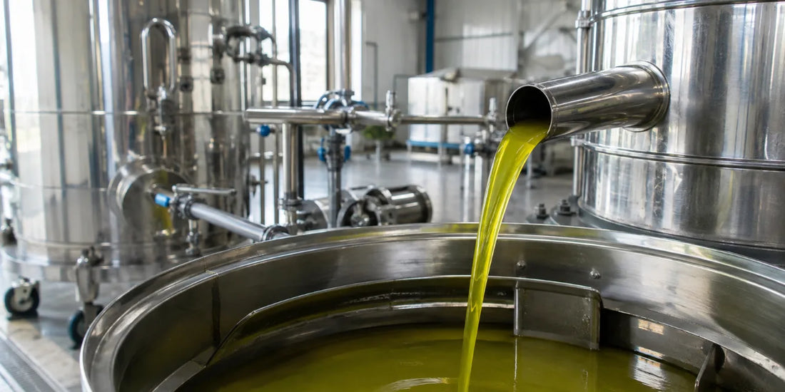 Stream of green-gold olive oil running into a stainless vessel inside a modern mill with polished tanks