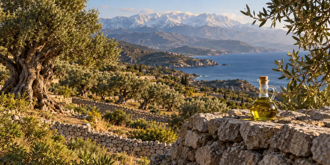 Ancient olive trees on stone terraces in western Crete, a cruet of golden-green oil on a wall