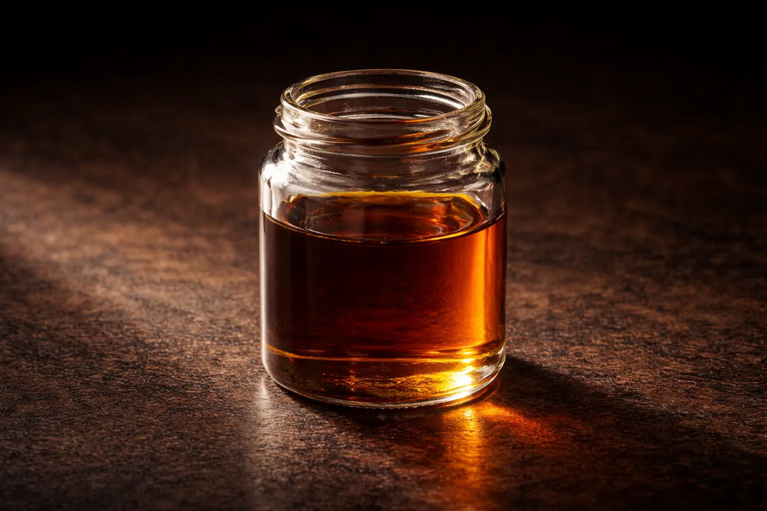 Small glass jar filled with dark rich amber black seed oil glowing in warm backlit lighting