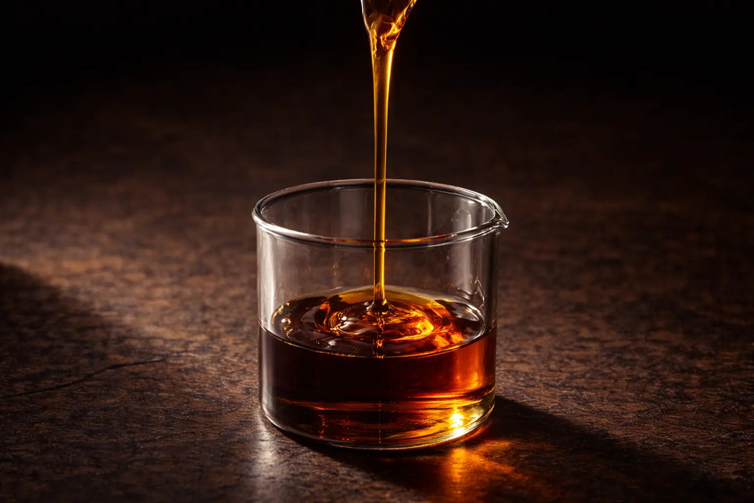 Dark amber oil being poured from height into a clear glass vessel creating a long golden stream