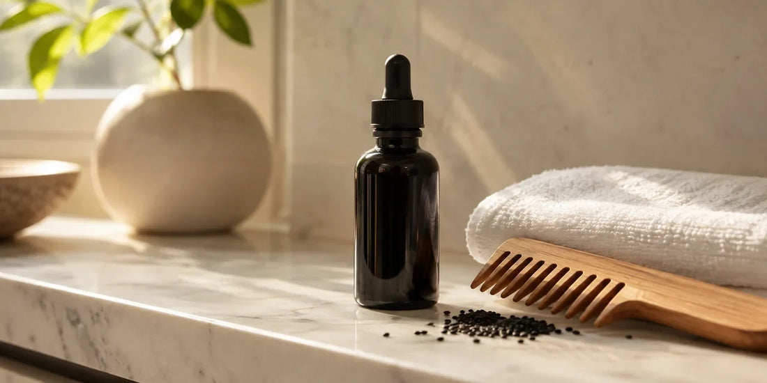 Unbranded dark glass dropper bottle beside a wide-tooth wooden comb and folded white towel on pale marble