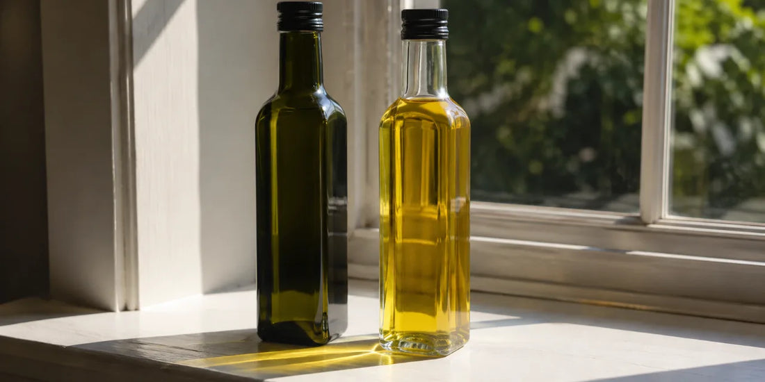 Dark green and clear olive oil bottles side by side on a sunlit windowsill in hard directional light