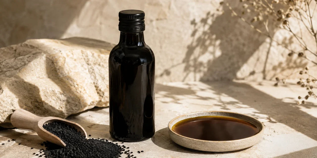 Dark glass black seed oil bottle beside scattered matte black seeds and a dish of deep amber oil on pale stone in warm light