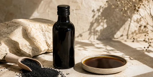Dark glass black seed oil bottle beside scattered matte black seeds and a dish of deep amber oil on pale stone in warm light