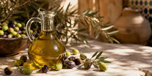 Rich golden-green extra virgin olive oil in a glass jug beside fresh olives on pale stone in warm Moroccan daylight