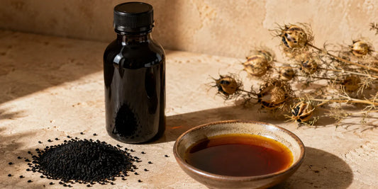 Dark glass black seed oil bottle beside scattered matte black seeds and a dish of deep amber oil on pale stone