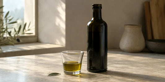 Small glass cup of golden-green olive oil beside a dark glass bottle on pale stone in morning light