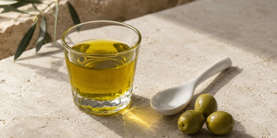 Clear glass tumbler of rich golden-green olive oil beside a white ceramic spoon and three olives on limestone