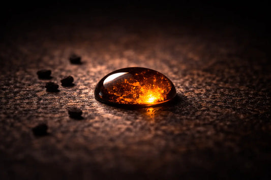 Single drop of dark bronze-amber black seed oil on a dark stone surface catching warm light