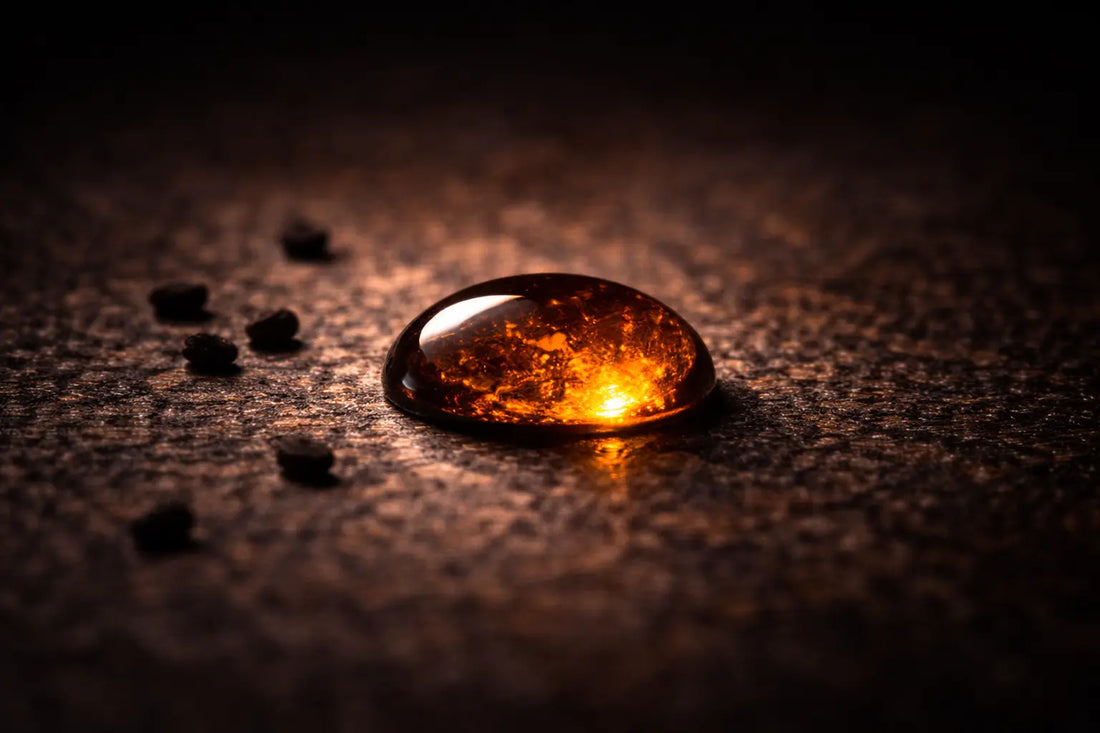 Single drop of dark bronze-amber black seed oil on a dark stone surface catching warm light