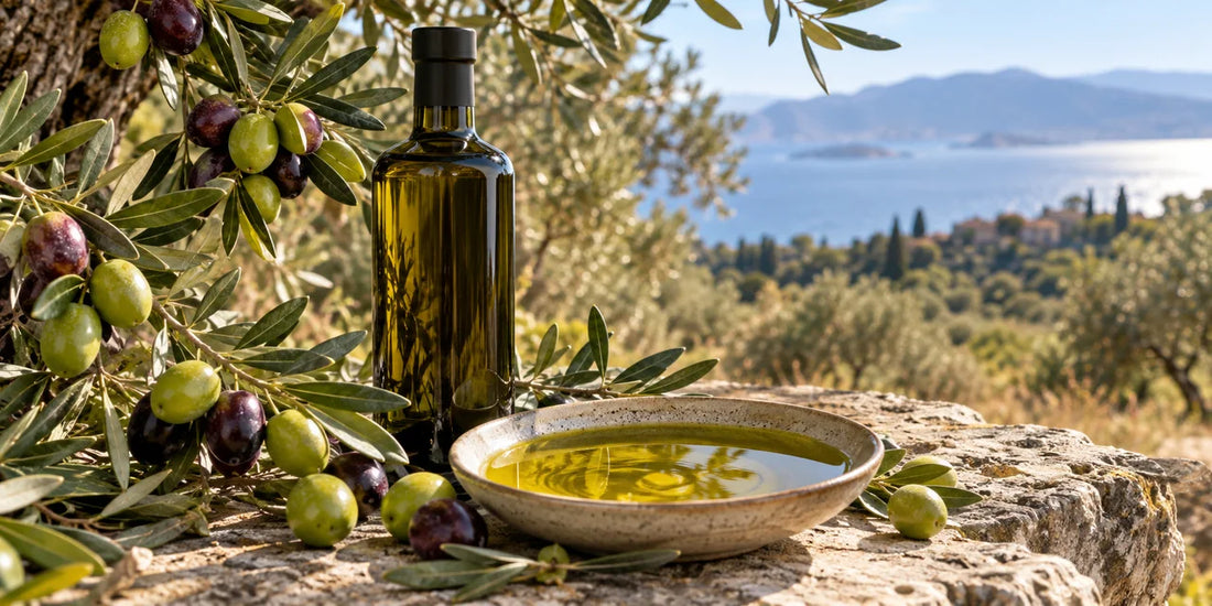 Unbranded dark glass olive oil bottle and rich green gold oil among green and purple olives